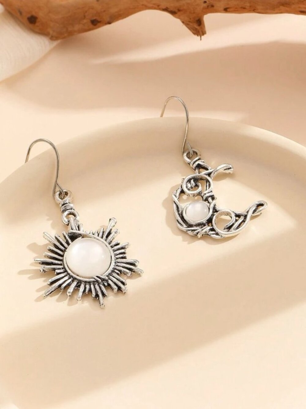 Silver Tone Sun & Moon Artisan Dangle Earrings